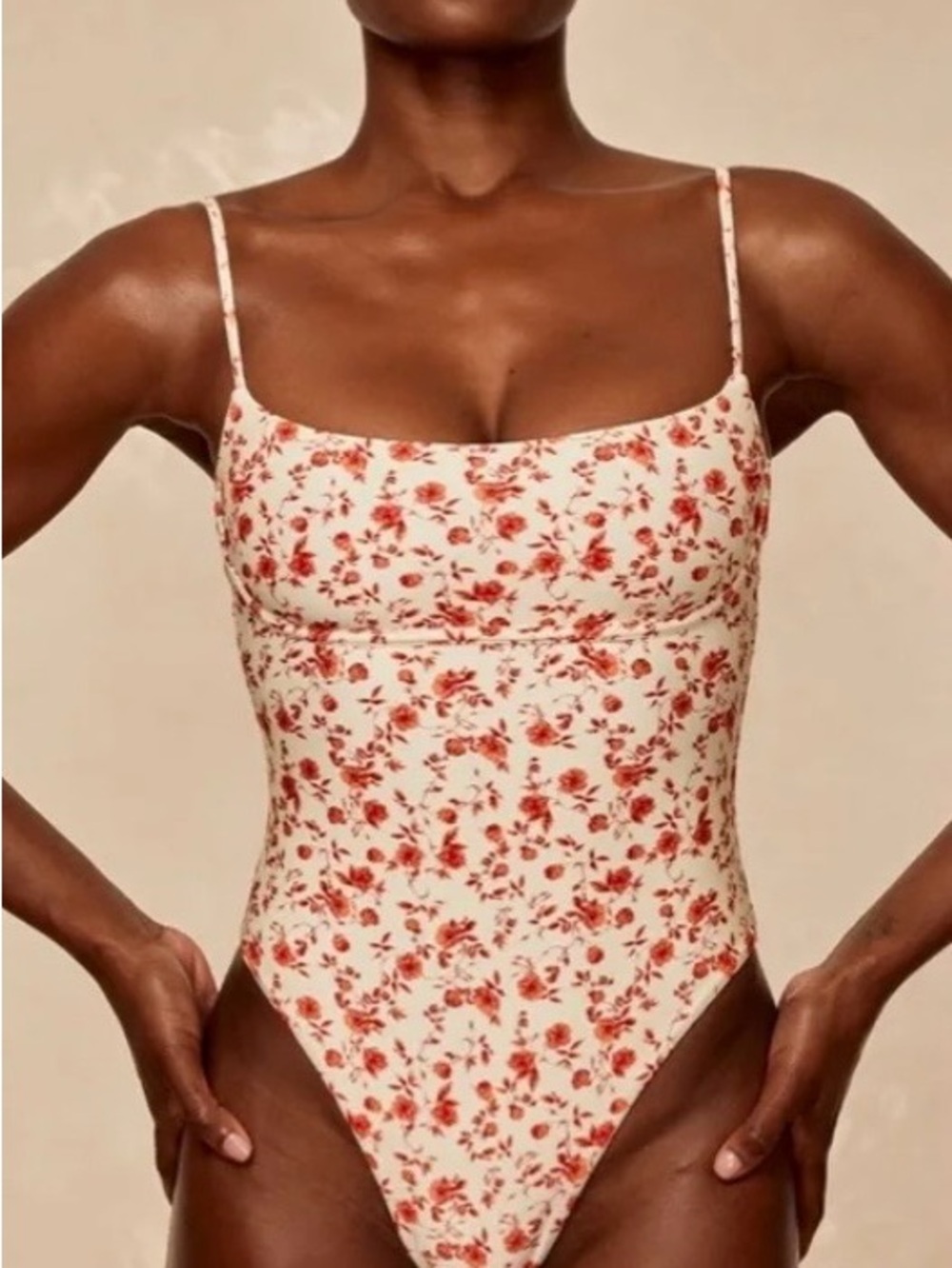 Floral Print One-Piece Swimsuit - Cream with Red Floral